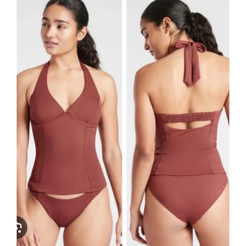 Athleta‎ Sculpted Halter Tankini Top Womens 32D/DDT Brown Underwire Swim NEW